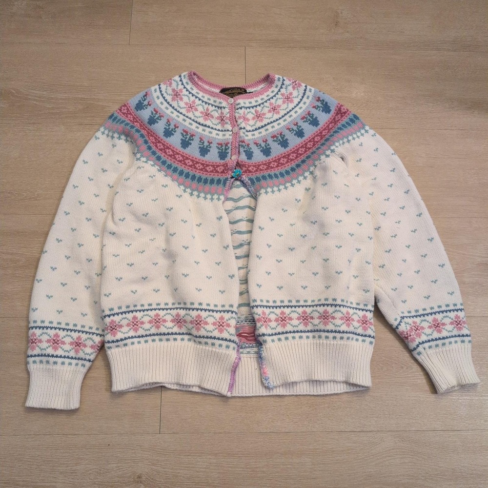 VTG Eddie Bauer Women Large Fair Isle Floral Cardigan Sweater Pastel Coquette